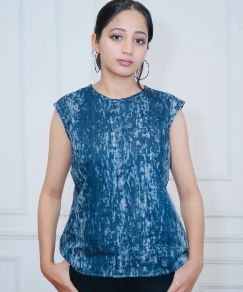 Boho-luxe Denim Charm Top with waterfall print in cotton blend – Mystic Grove