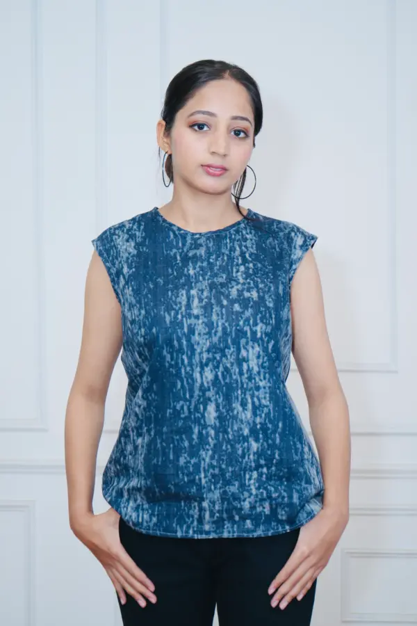 Boho-luxe Denim Charm Top with waterfall print in cotton blend – Mystic Grove