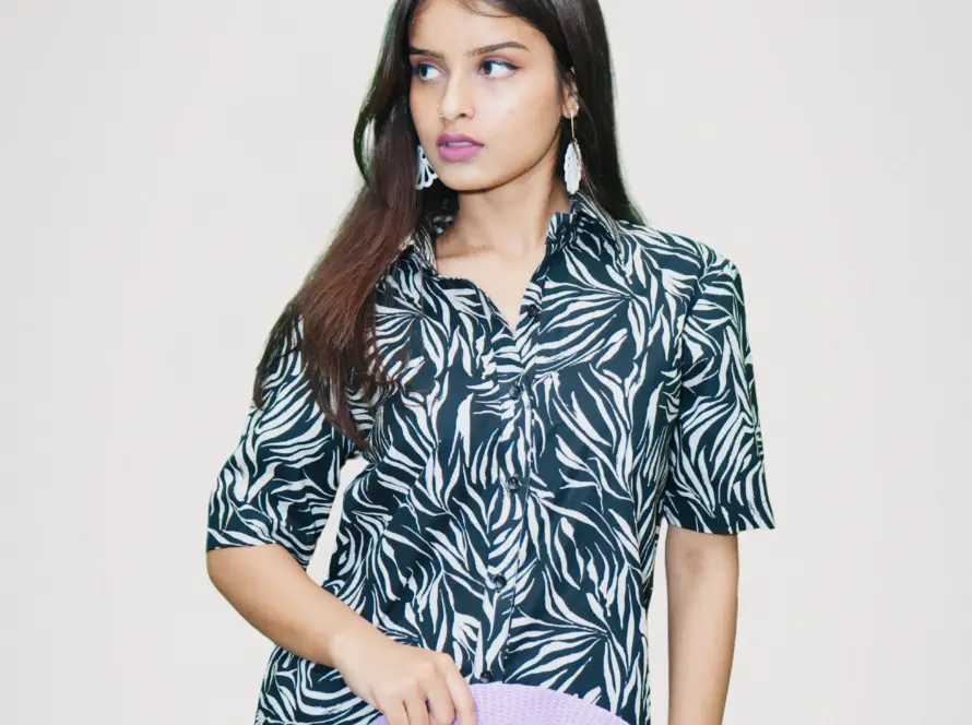 Model wearing Raaya resort wear – breathable cotton summer outfit with eucalyptus design