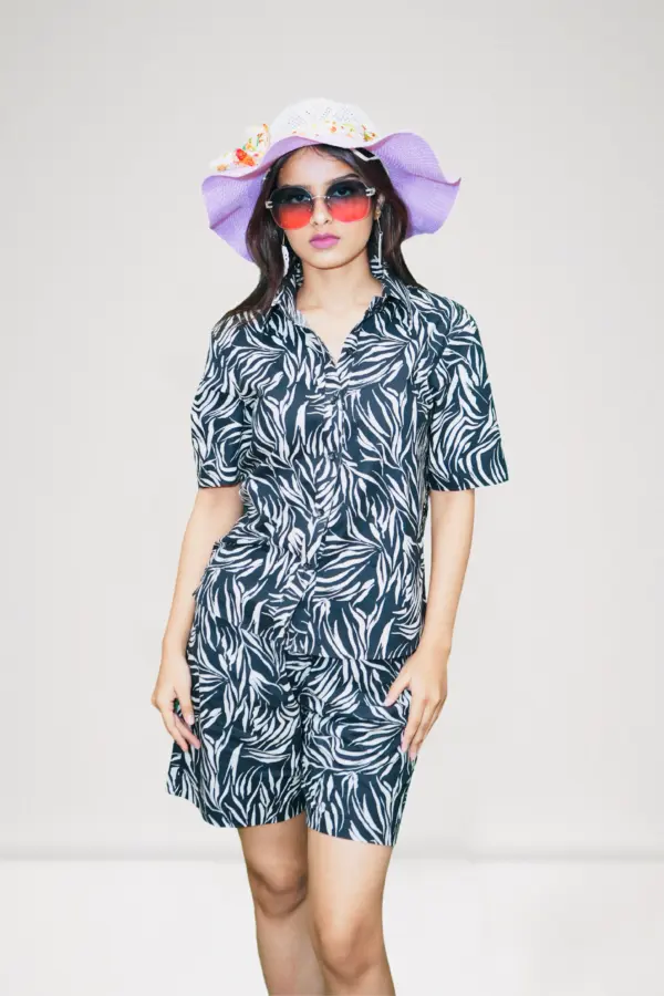 Model wearing Raaya resort wear – breathable cotton summer outfit with eucalyptus design