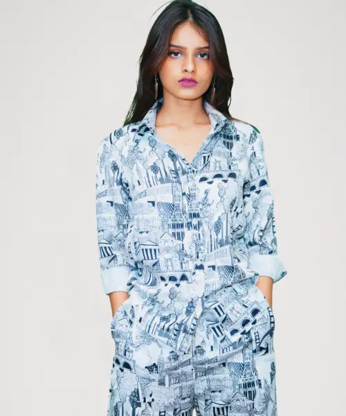 Architect's Dream Cord Set in Urban Industrial Print, modeling the full outfit with architectural details