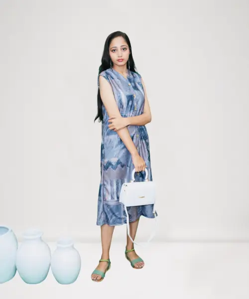 Abstract Terrain Dress – Cotton Blend Dress with Artistic Village Print for Travel & Summer Events