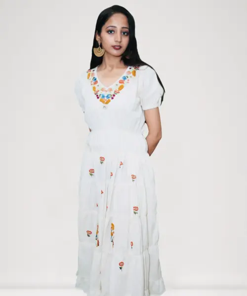 Velora Dress with Shrubs Embroidery by Mystic Grove – Elegant Cotton Blend Outfit for Festive & Travel Wear