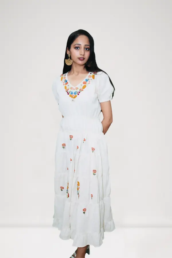 Velora Dress with Shrubs Embroidery by Mystic Grove – Elegant Cotton Blend Outfit for Festive & Travel Wear