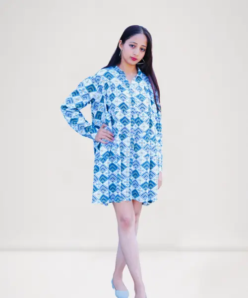 Chroma Breeze Dress by Mystic Grove with geometric diamond print, 100% rayon, perfect for brunch, beach vacations, and travel. Available in sizes XS–XXL.
