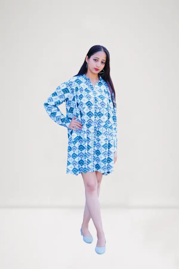 Chroma Breeze Dress by Mystic Grove with geometric diamond print, 100% rayon, perfect for brunch, beach vacations, and travel. Available in sizes XS–XXL.